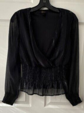 Japna Black Sheer Silver Striped Smocked V-Neck Long